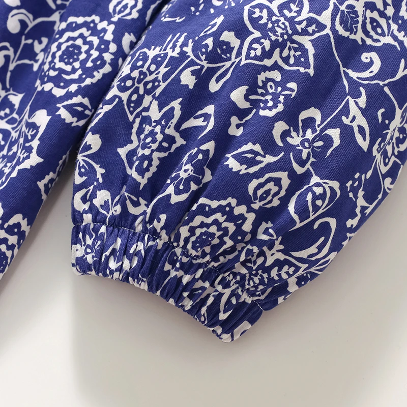 ملابس أطفال خريفي بناتي ملابس أطفال زهور زرقاء بأكمام طويلة فستان حفلات زي ربيعي قطني #4