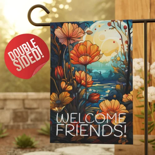 Welcome Friends Fall Garden Flag, Floral Blue Orange Sunrise, Mom Gift for Her