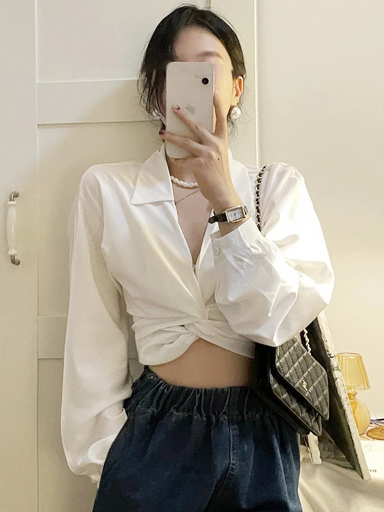 

Модный женский топ с V-образным вырезом в корейском стиле, с узлом, для ранней весны, с открытым пупком, в европейском стиле