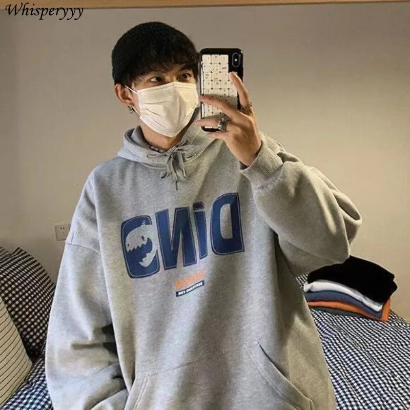 

Men Loose Sweatshirt Korean Long Sleeve Pockets Jacket Spring Autumn Clothing Sports Hooded Tops Male Harajuku Printed Pullover