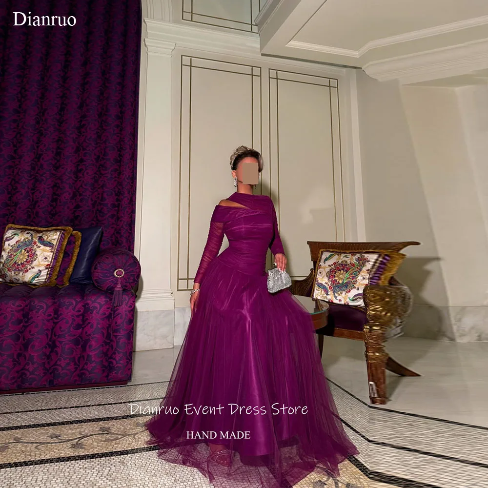 

Dianruo Ruched Long Sleeves Evening Dresses Saudi Vestidos De Noche A Line Dark Purple Tulle Special Occasions Custom Customized