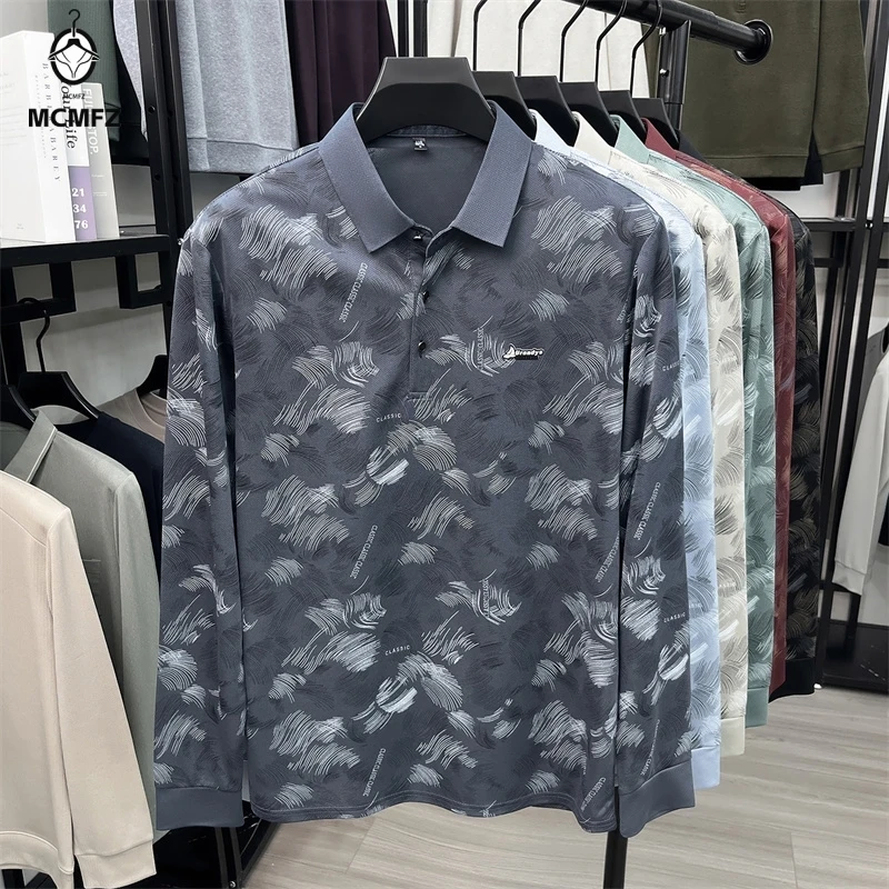 Summer Mens Printed Polo Top Turn Down Collar Button Closure Light Mesh Fabric Office Leisure Wear Garment