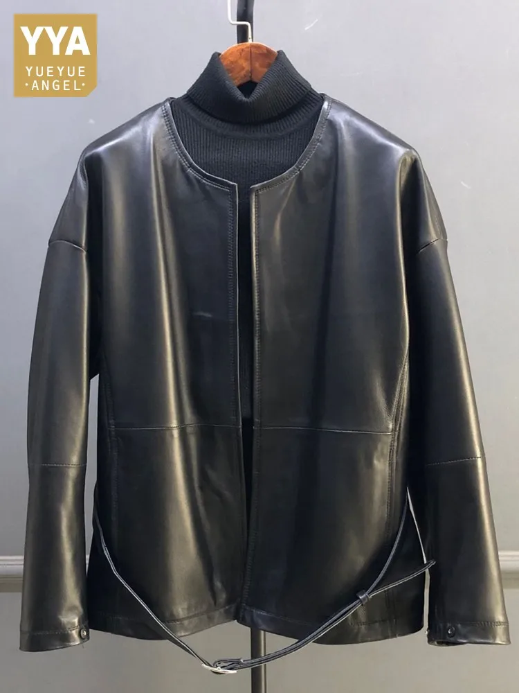 

Офисная женская однотонная куртка ручной работы с круглым вырезом из натуральной кожи с поясом, свободная куртка с длинными рукавами, модная верхняя одежда из овчины
