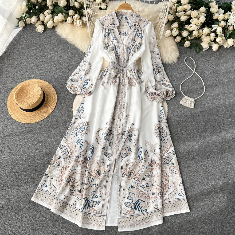 

Spring Autumn V-neck Palace Single Breasted Split Printed Long Dress Women Lantern Sleeves Large Swing French Vintage Dress