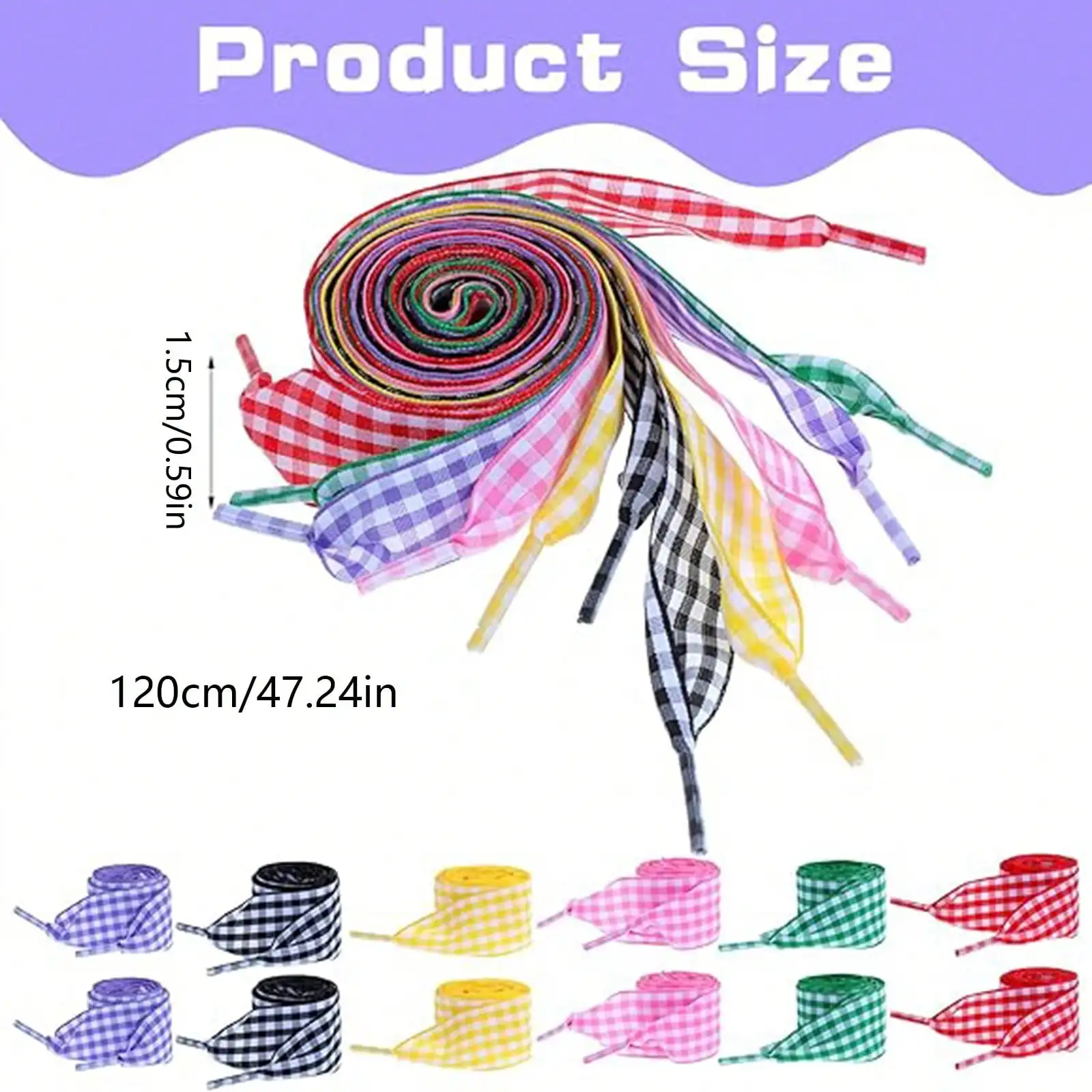 1 Pair of Soft Plaid Breathable Shoelaces, Satin Ribbon Shoelaces for Sneakers, Colorful Plaid Flat Shoelaces for Women, Cute and Fun Ballet Shoe Laces, Lightweight and Durable, Beautiful Colors, Length 47.24inch