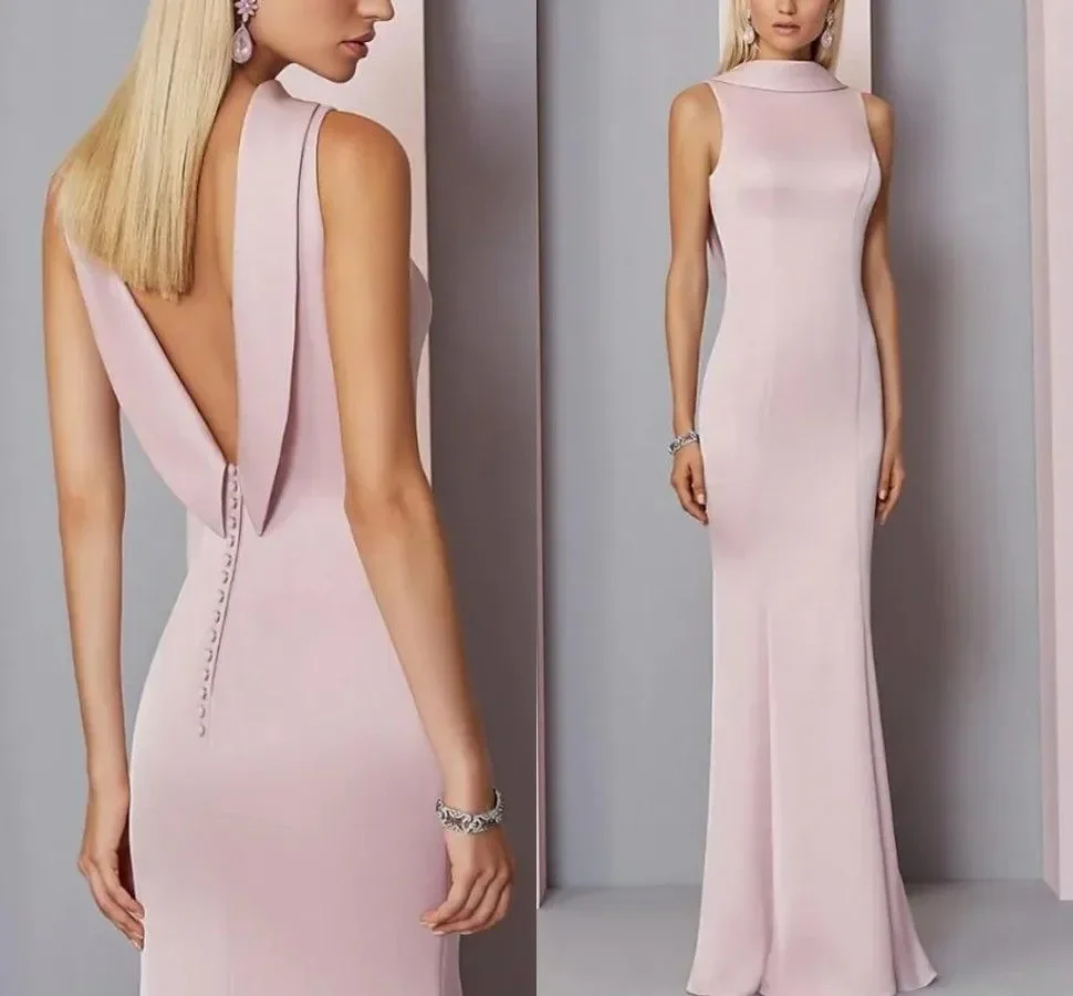 

New Candy Pink Engagement Formal Evening Dress High Neck V Back Sleeveless Floor Length Satin Prom Party Gown Abendkleider