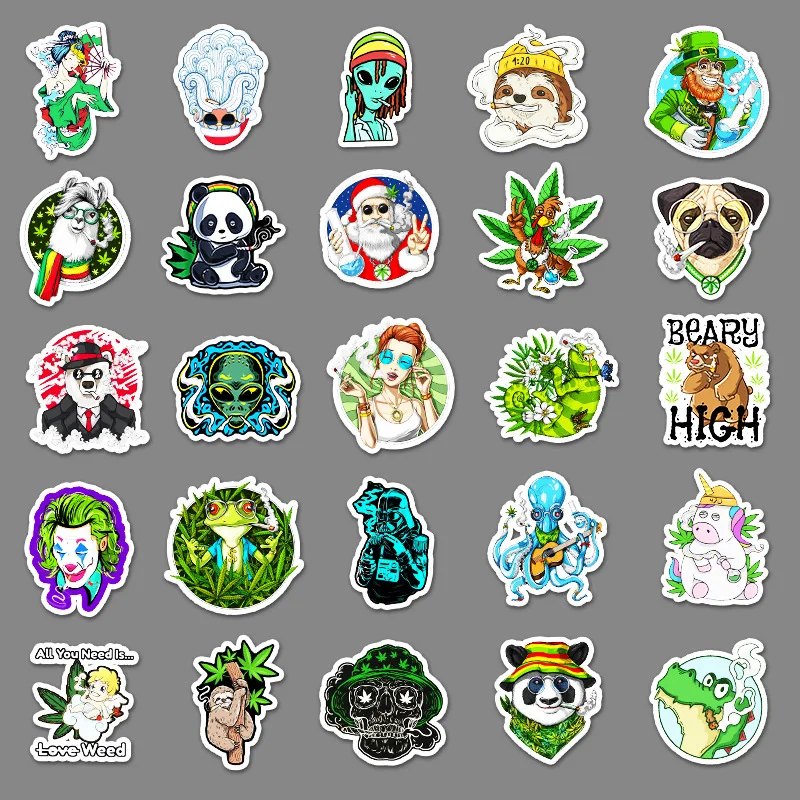 10/30/50 sztuk śmieszne postacie liście chwasty palenie Cartoon Graffiti naklejki bagaż samochód motocykl Laptop naklejka dekoracyjne naklejki