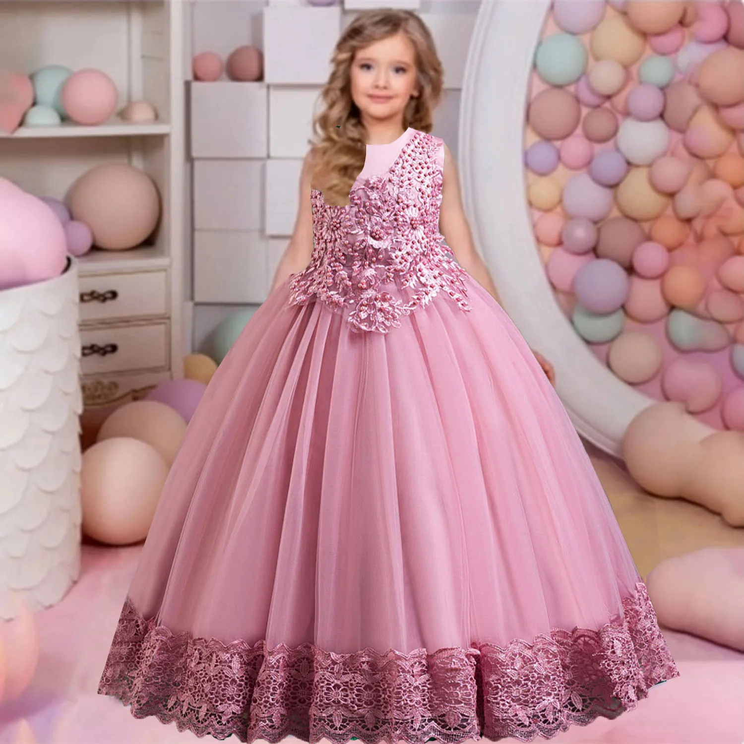 

4-10 Years Little Big Girls Lace Embroidered Flower Girl Birthday Party Formal Pageant Performance Dress