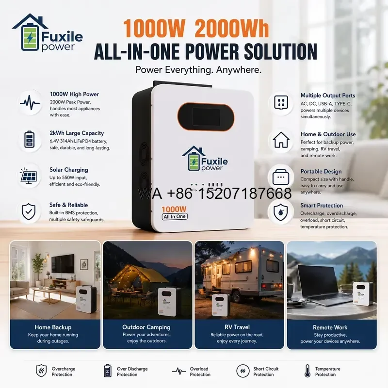Wmwmnu 1000W 2000Wh All-in-One Solar Energy Storage System with LiFePO4 Battery Home Backup Power Station for Off-Grid Living