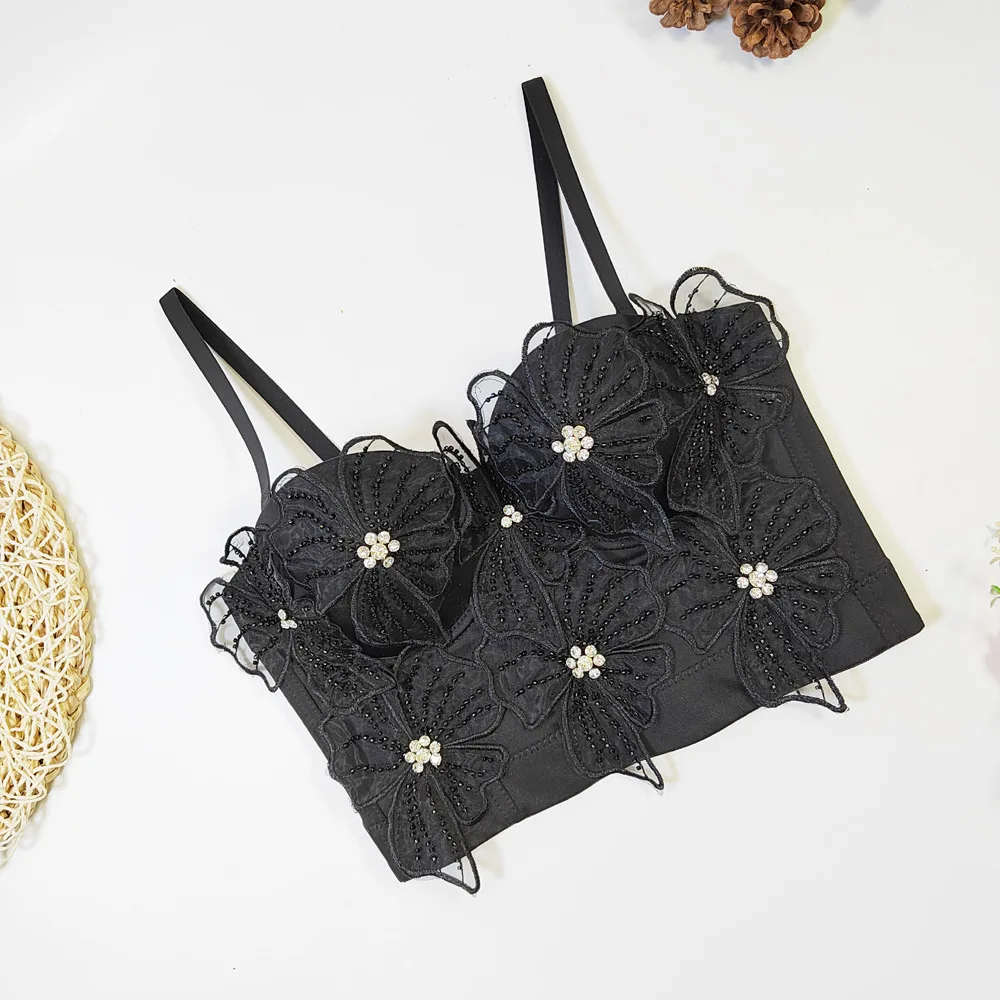 French Style Design Three-Dimensional Flower Beaded Tube Top Outer Wear Breathable Push Tight with Chest Pad Wrapped
