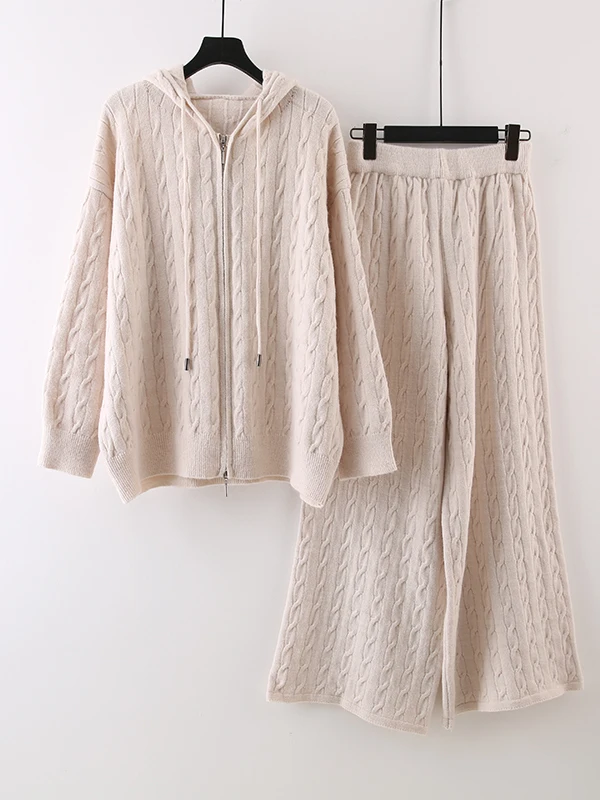 

Laid-ba Sle Loose Knitted Hoodie Cardigan Top with Double Zipper Casual Wide Leg Pants Thermal Two-piece Set Early Autumn