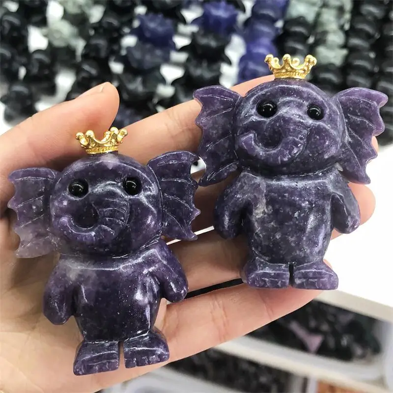 Natural Lepidolite Cartoon Elephant Crytsal Carving Crafts Lovely Animal Home Decoration Healing Children Toy Gift 1pcs