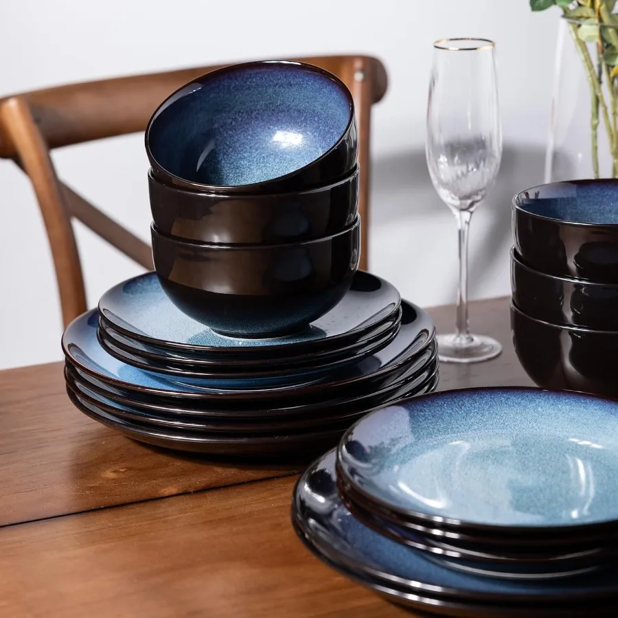 Handmade Ceramic Dinnerware Sets for 6 Including Plates and Bowls with Reactive Glaze Chip Resistant and Scratch Resistant Dish