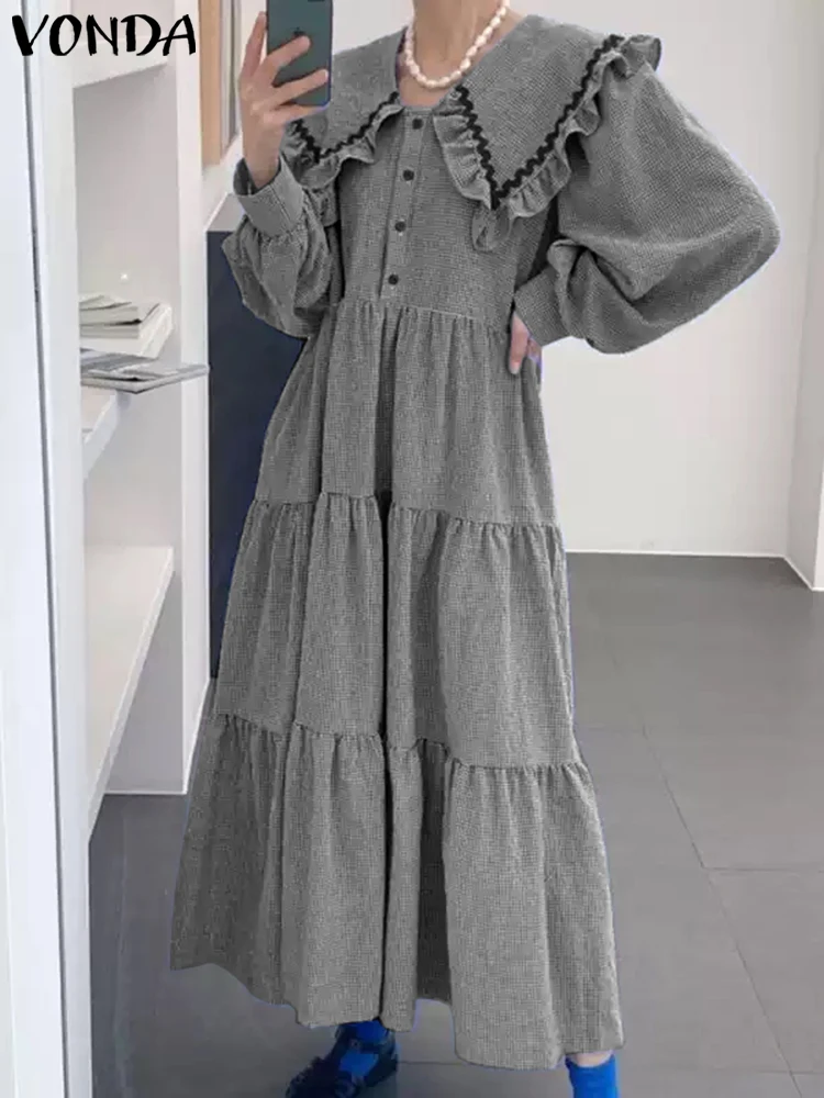 

VONDA Women Plaid Dress Autumn Peter Pan Collar Ruffled Maxi Long Vestidos 2025 Fashion Buttons Causal Loose Party Pleated Robe