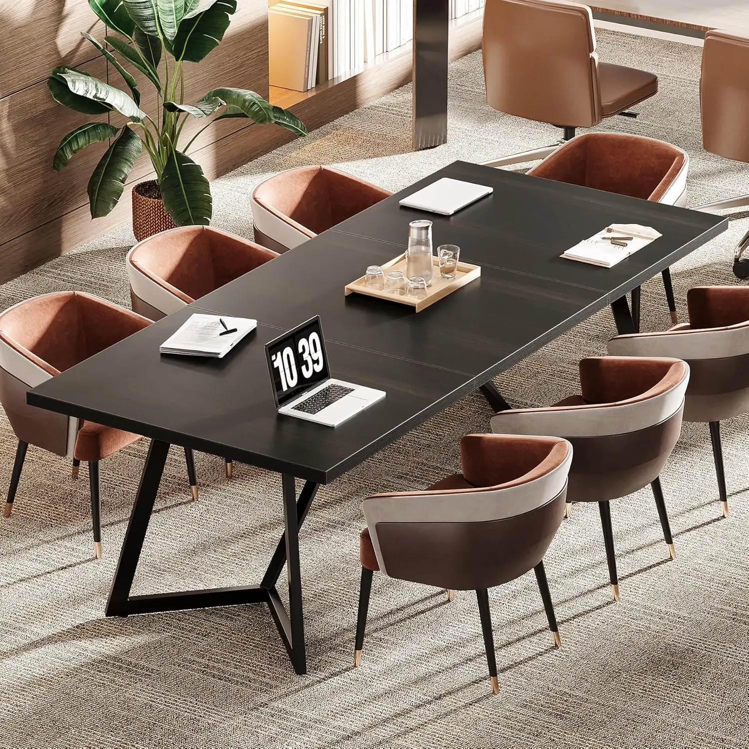 Table, Modern Black Meeting Table with Metal Frame, Rectangular Seminar Table Boardroom Desk for Office Meeting Conference Room