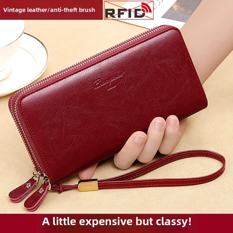 

women's long genuine leather purse with double zipper and large capacity 2026 New popular women's wallet card holder