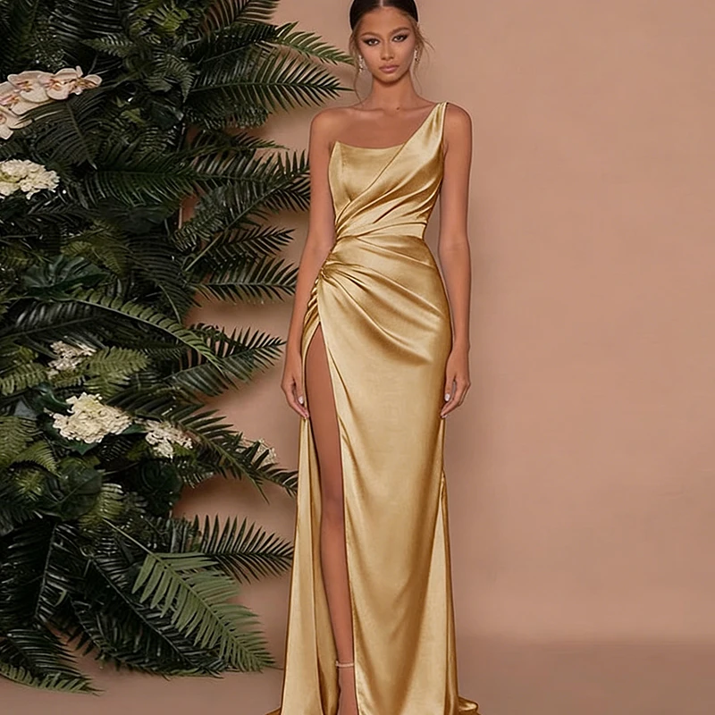 Damenkleidung Europäisch-Amerikanischer Stil Sommer Sexy Elegantes Einschultriges Schulterfreies Kleid mit Hohem Seitenschlitz aus Satin Figurbetontes Langes Kleid