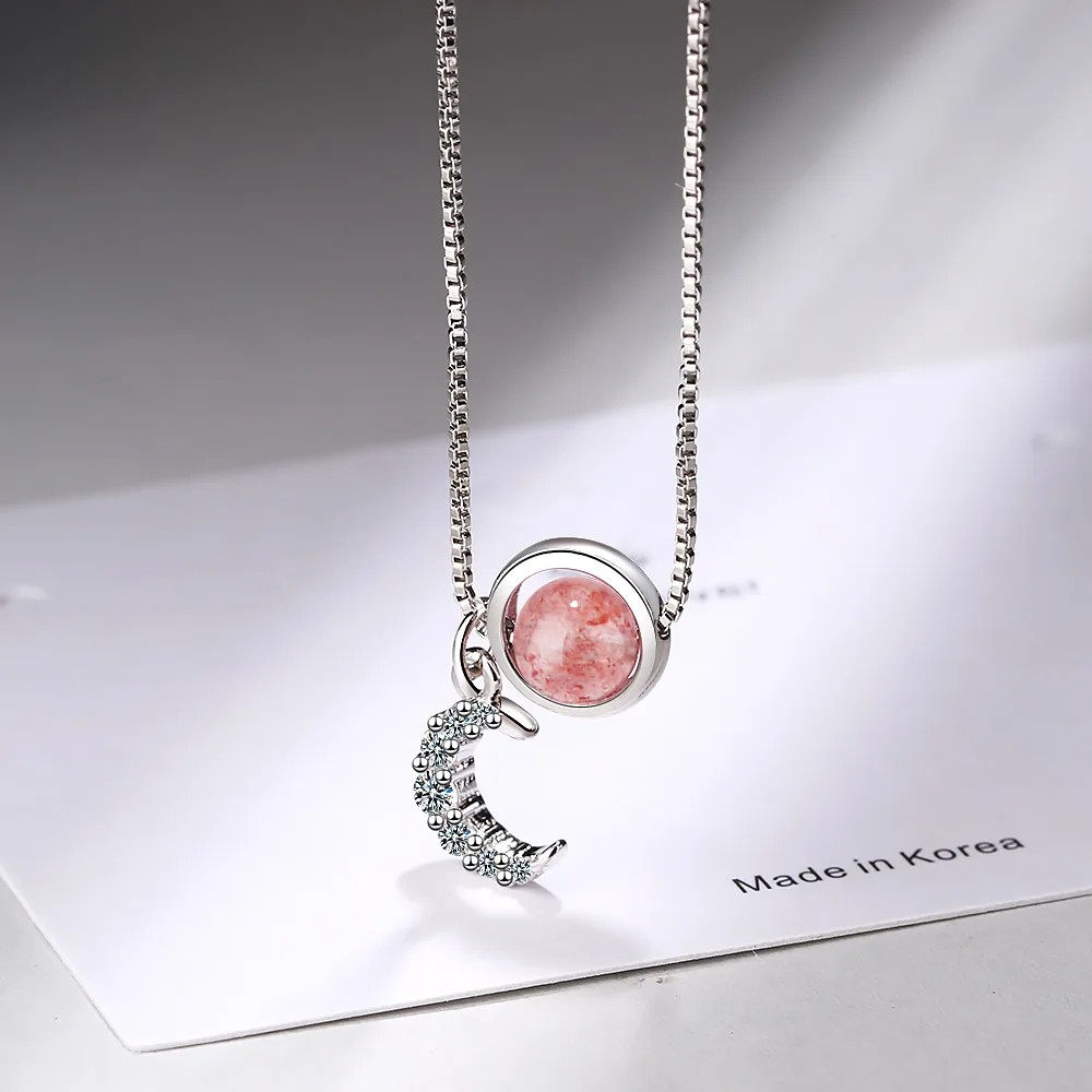 Gargantilla de cristal de fresa rosa de plata de ley 925 coreana, colgante para mujer, joyería para fiesta de boda, regalo