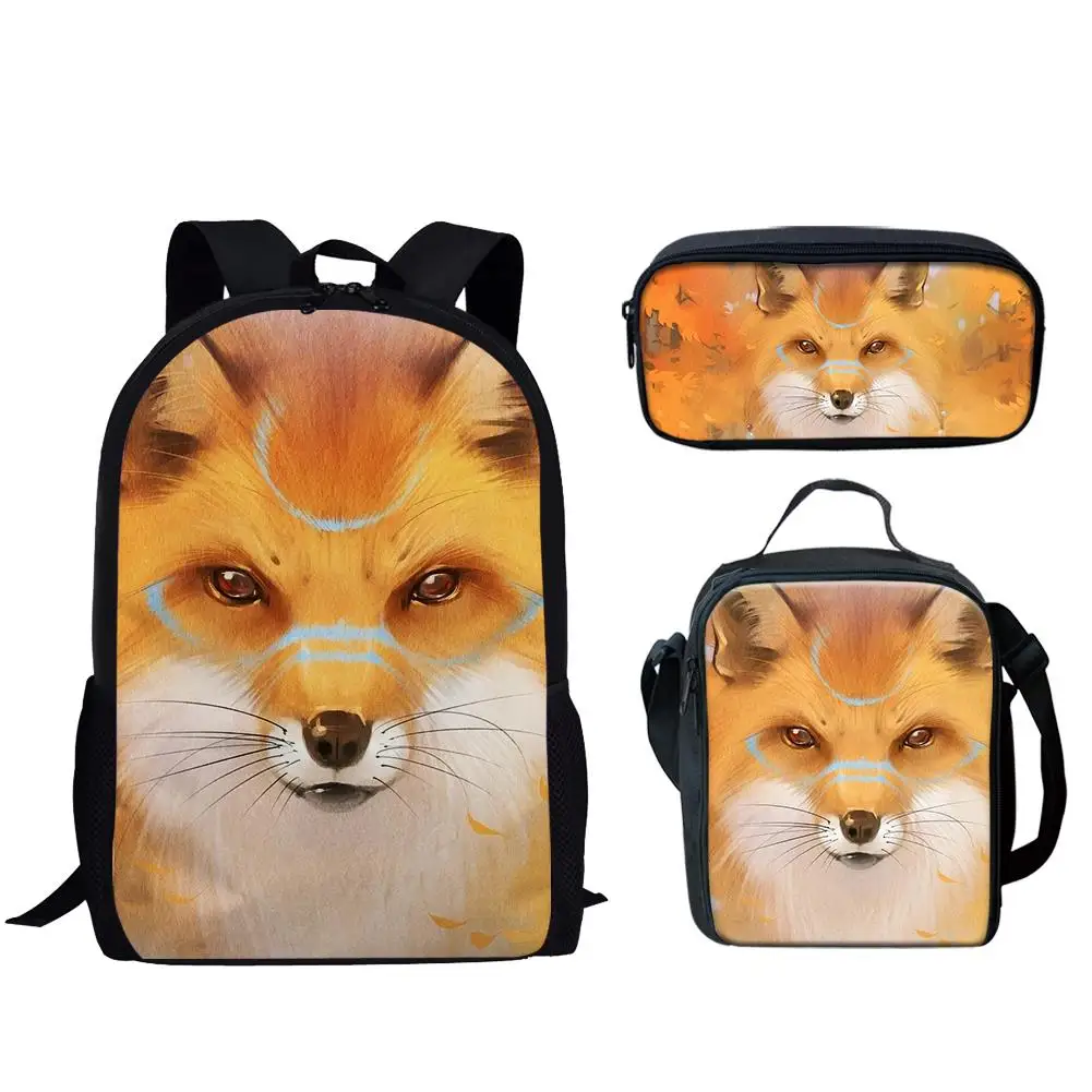 

Классическая креативная новинка, забавная лиса, 3D принт, 3 шт./компл., школьные сумки для ноутбука, рюкзак, сумка для обеда, пенал