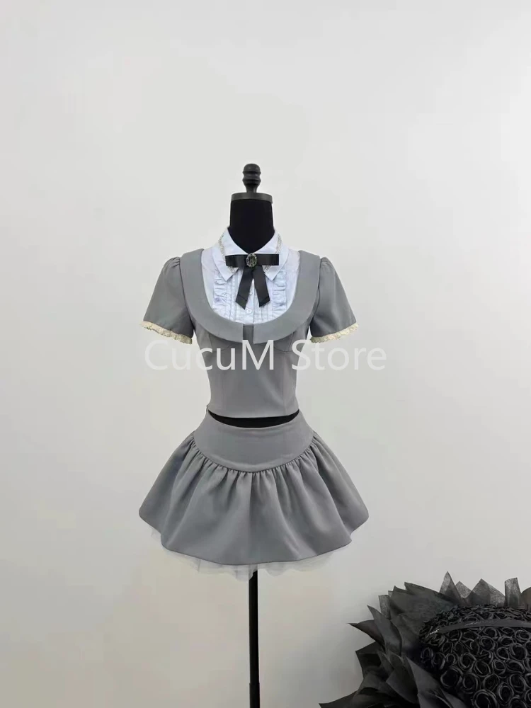 Korean Fashion Y2k Crop Tops High Waist Kawaii Slim Mini Skirt Hot Girls 2000s Preppy Style Grey 2 Piece Set Summer Women