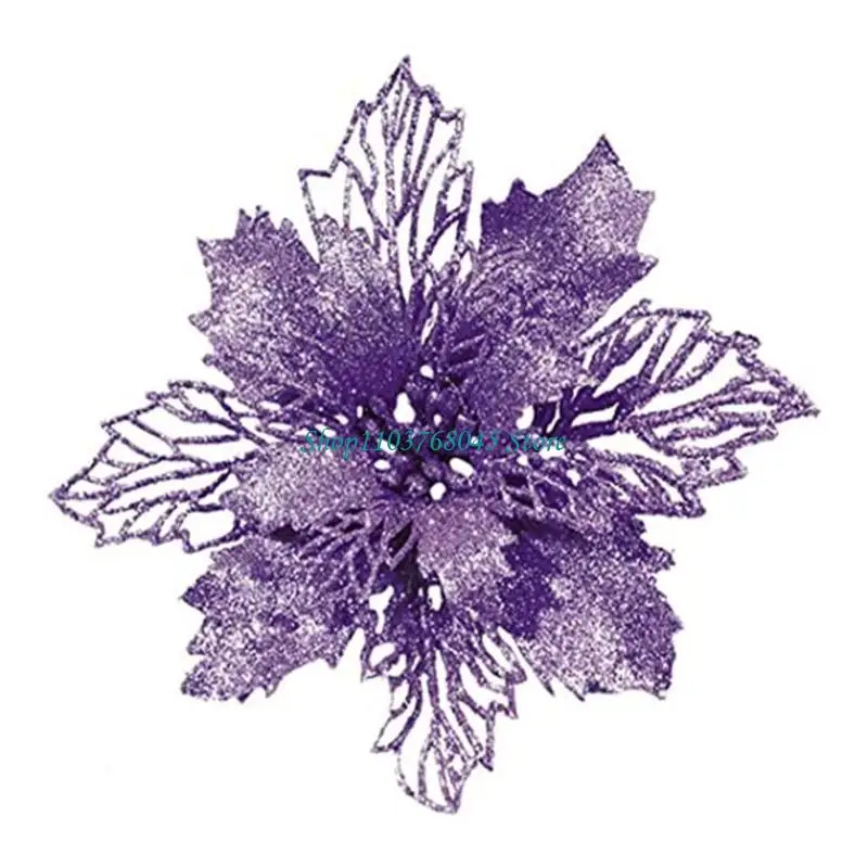 R53F 11cm Christmas Glitter Poinsettia Flower Decorative Xmas Tree Flowers for Wreath