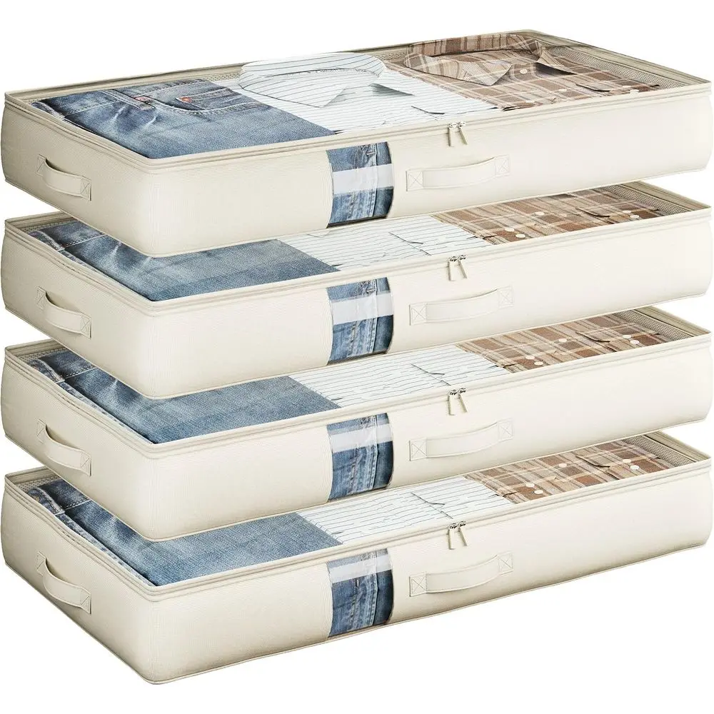 

Collapsible Underbed Storage Bags with Window, 4 Pack, White Ivory, for Blankets, Clothing, and Comforters