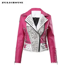 Punk Studded Motorcycle Leather Jacket Women 2024 Trend Streetwear Contrast Color Stitched Faux Leather Embroidered Jackets