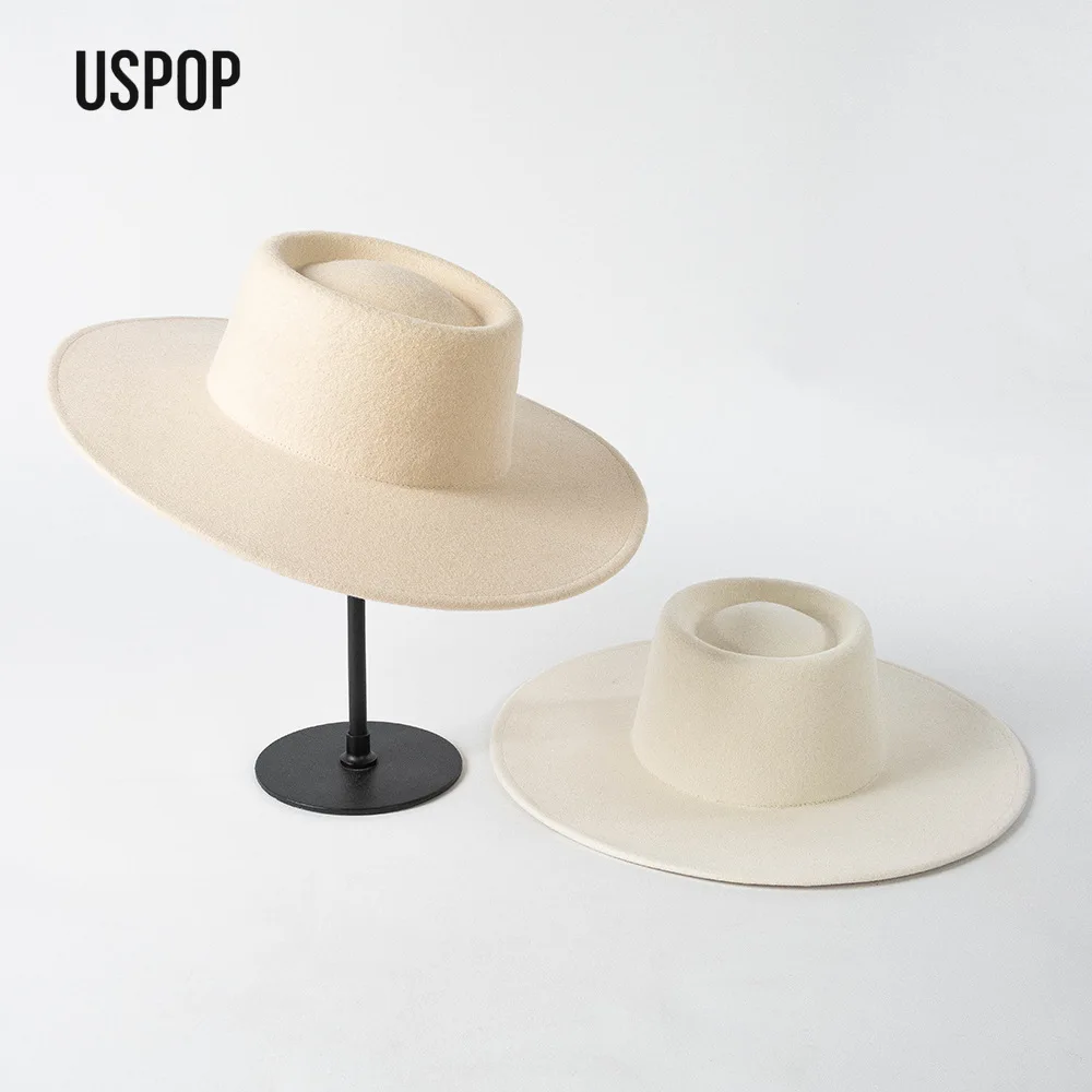 

USPOP Autumn Winter White Wool Felt Hat with Round Crown Wide Brim Fedora for Women