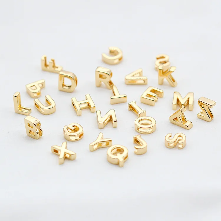 Holes 1.4MM 14K Gold Color Plated Brass A To Z Alphabet 26 Letters Charms Pendants  For DIY Jewelry Making