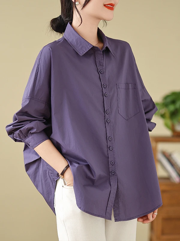 

Slimming Pleated Loose Women's Shirt Simple Style Cotton Long Sleeve Collar Casual Top Fashionable Base Layer Top