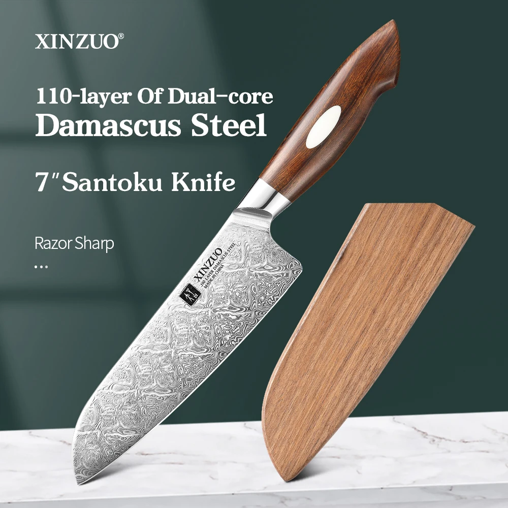 

XINZUO 7'' Inches Santoku Knife Damascus Steel North America Desert lronwood Handle Multi-purpose Kitchen Knife