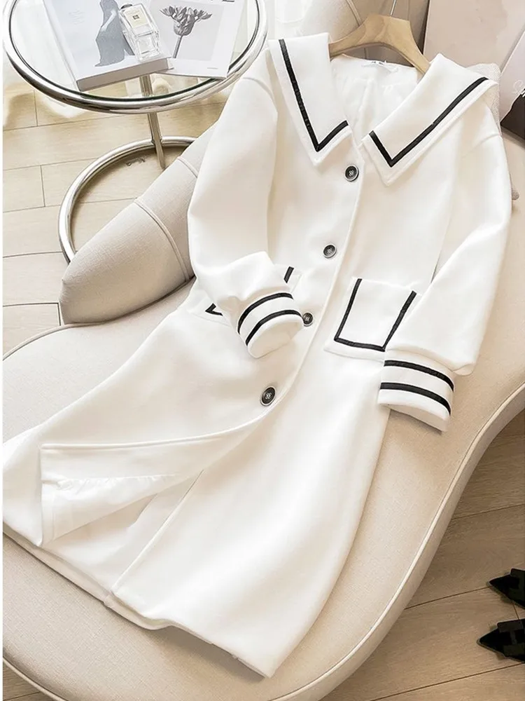 

Overcoats Women's Autumn Winter Preppy Style White Wool Blends Long Jackets Korean Lady Student Loose Sailor Collar Outerwear