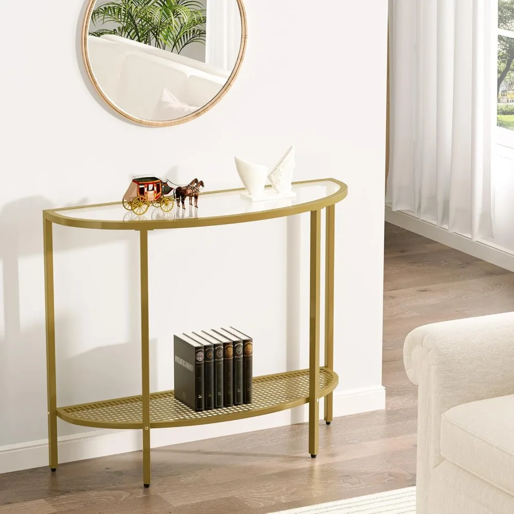 Glass Half Moon Console Table 2 Tier Narrow Entryway Table with Gold Metal Frames, Modern Couch Table Small Entry Way Tables, E