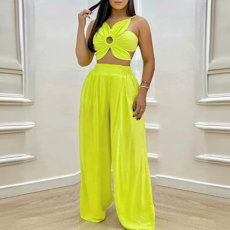 Pants Set Women Two Piece Sets Yellow Floral Sling Sleeveless Sling Short Tops Sexy Slim Fit Wide Leg Long Pants Elastic Waist