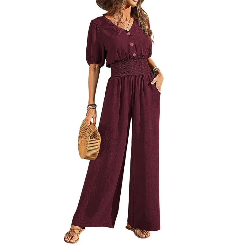 

ABP-Женские комбинезоны с коротким рукавом и V-образным вырезом, нарядные повседневные широкие брюки, комбинезон