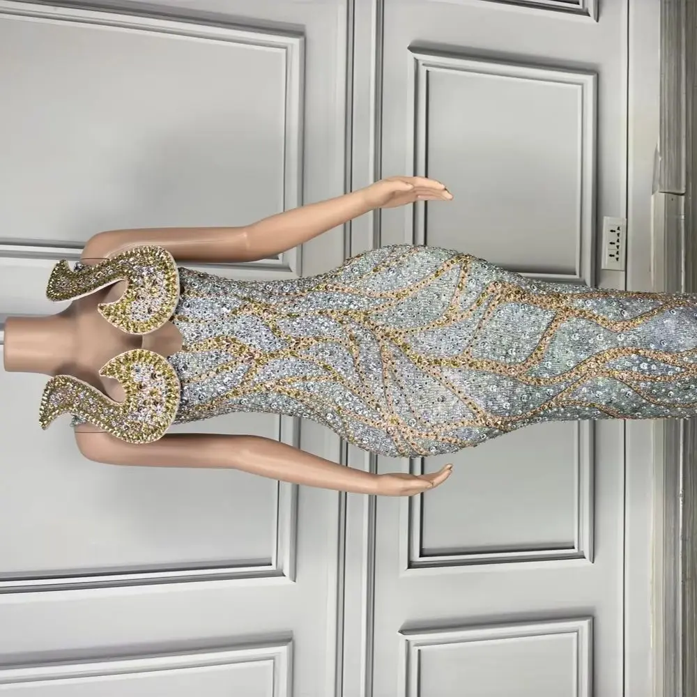 

Luxury Rhinestone Dress Slit elegant Sheath Fishtail Sheath Dress Evening Party Performance Photoshoot Singer Stage Dress