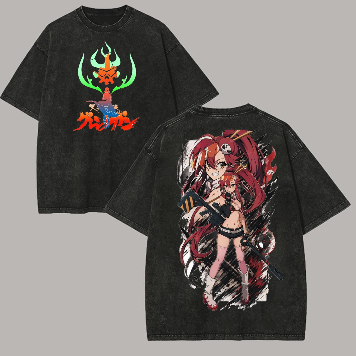 Anime Tengen Toppa Gurren Lagann Littner Yoko Graphic Print T-shirt Men Women Vintage Washed O-neck Cotton Casual Oversized Top