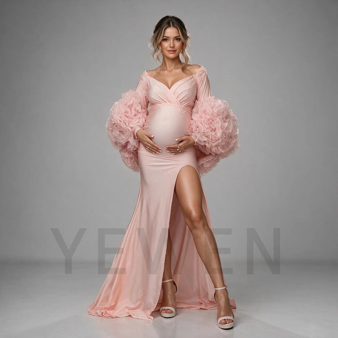 Elegant Pink Maternity Dress for Photoshoot Ruffle Puff Sleeve Pregnancy Gown High Slit Baby Shower Photography Dress YW2610195