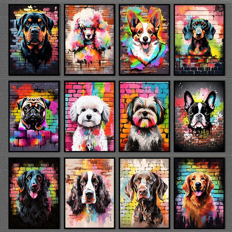 Affiches imprimées de graffitis de chiens mignons, toile d'art murale esthétique avec Pug, Teckel, Malteuse, décoration pour la maison et la chambre d'enfants