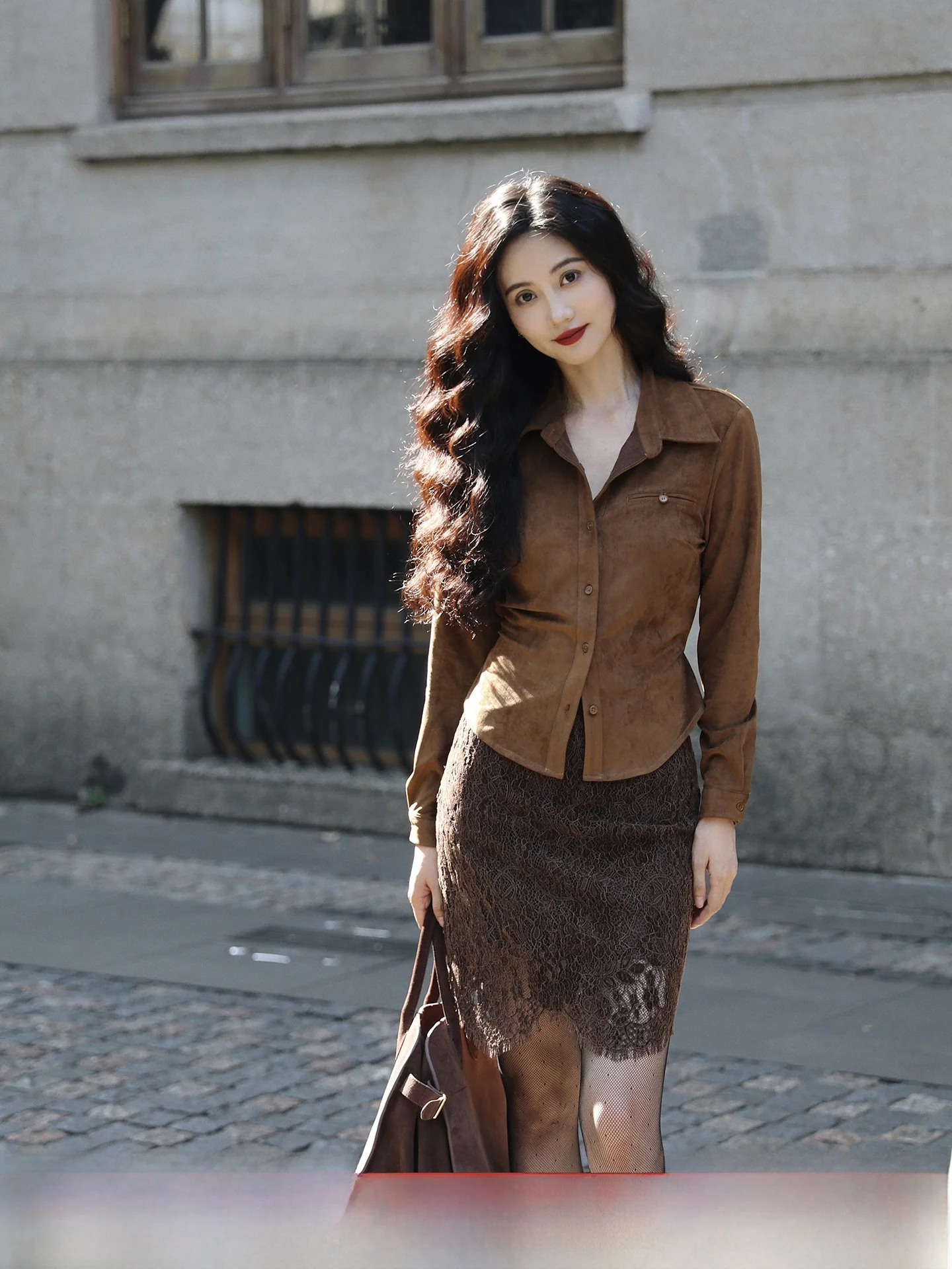 

TAIYANG OFFICE Retro Suede Velvet irt Women's Slim Fit Long Sve Commute Sle Faionable Top Polyester Fabric irt