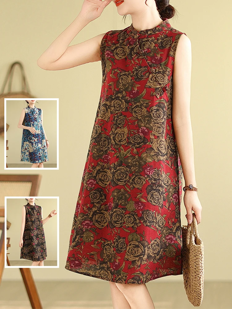 

Летняя юбка-миди с хлопковым льняным принтом в стиле ретро в китайском стиле Qipao Dr, свободная летняя юбка-миди с синим боковым разрезом