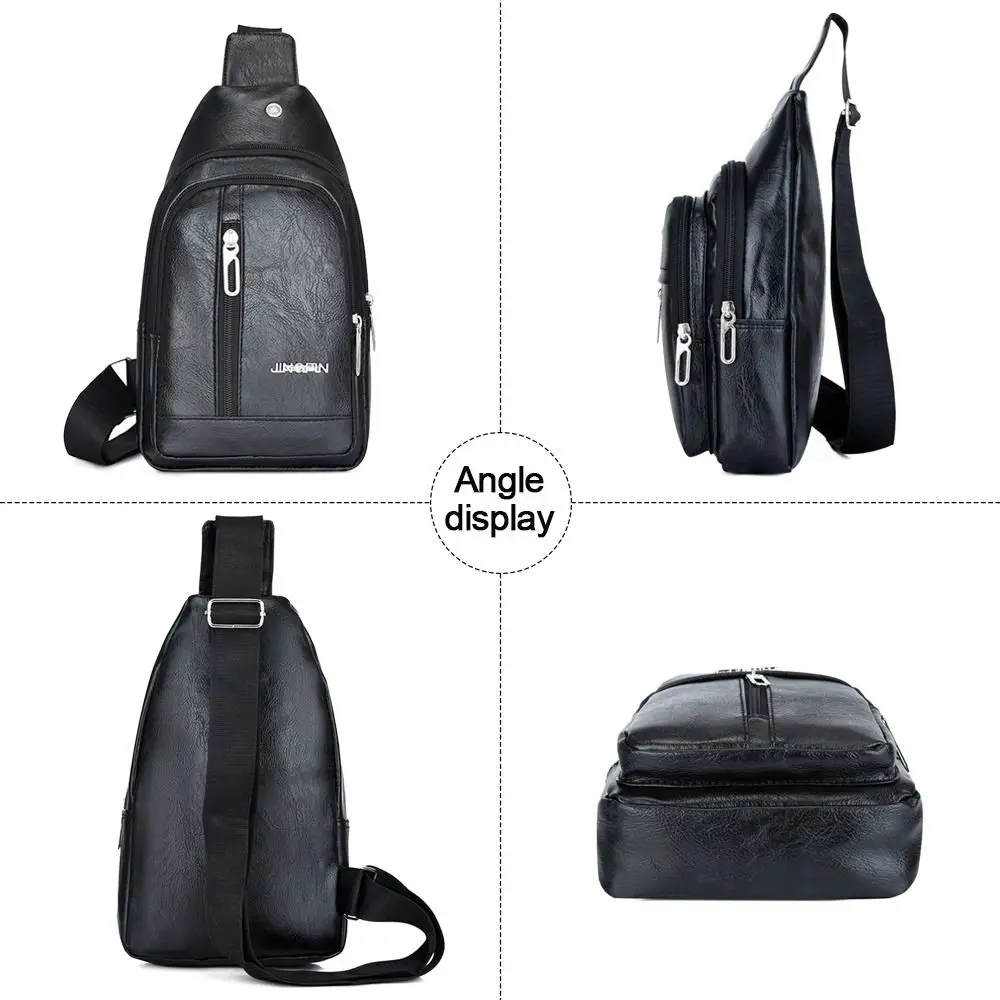 Fashion PU Leather Men's Sling Bag Anti-theft Large Capacity Chest Bag with Earphones Hole Solid Color Crossbody Bag