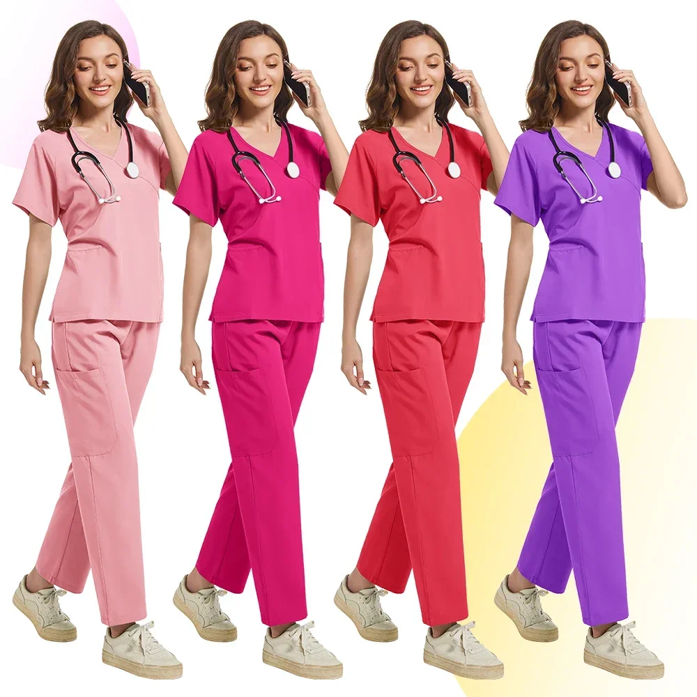 

Polychrome Medical Uniform Women Scrub Sets Hospital Working Slim Suits Nurse Accessories Dental Surgery Suit Lab Workwear