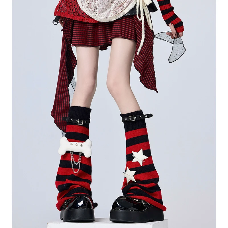 

Autumn winter subculture black red striped babes star bones piled socks punk dark leather buckle pin cover leg socks female