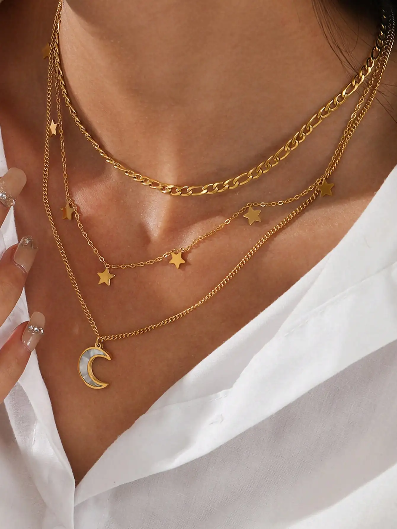 1 set of star moon inlaid shell stainless steel plated 18K real gold women\'s multi-layer necklace