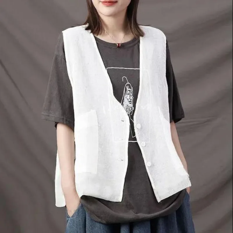 Vests Women Transparent V-neck Solid Thin Summer Sleeveless Ins Feminine Outwear Vintage Korean Style Casual Clothes Breathable