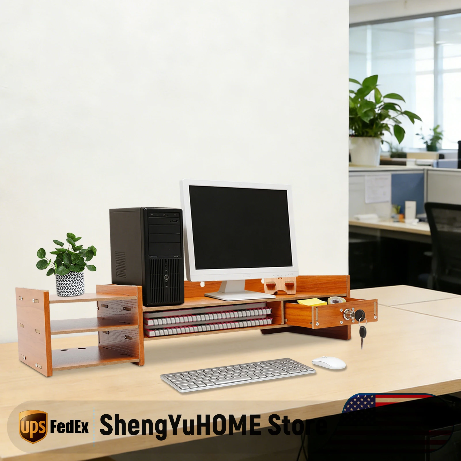 

Подставка для компьютерного монитора, деревянная подставка для монитора с местом для хранения, органайзер для настольной полки с выдвижным ящиком и отделениями, для дома