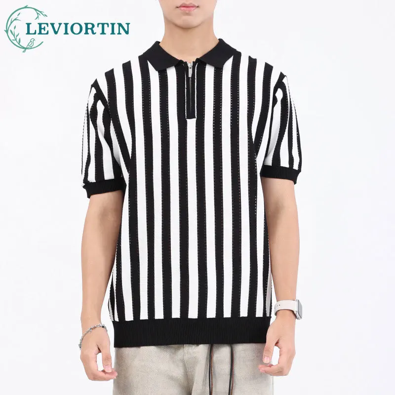 

Мужская летняя деловая повседневная простая трикотажная рубашка с короткими рукавами, высококачественная модная универсальная полосатая рубашка-поло из ледяного шелка с лацканами