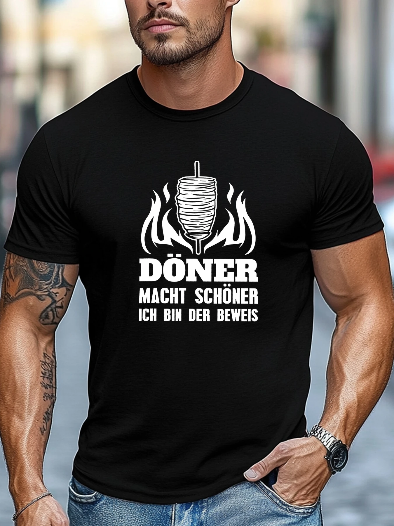 Men Black Crew Neck Tee White Doner Kebab Flame Graphic Funny German Food Quote Soft Cotton Male Summer Daily Casual Short Tops