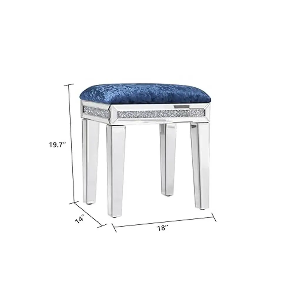 Mirrored Vanity Stool Crushed Diamond Inlay Velvet Cushion Elegant Makeup Chair Ottoman